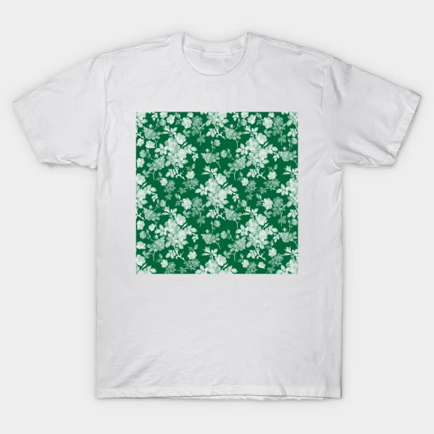 Romantic White Rose Floral Painting Green Pattern T-Shirt by NdesignTrend